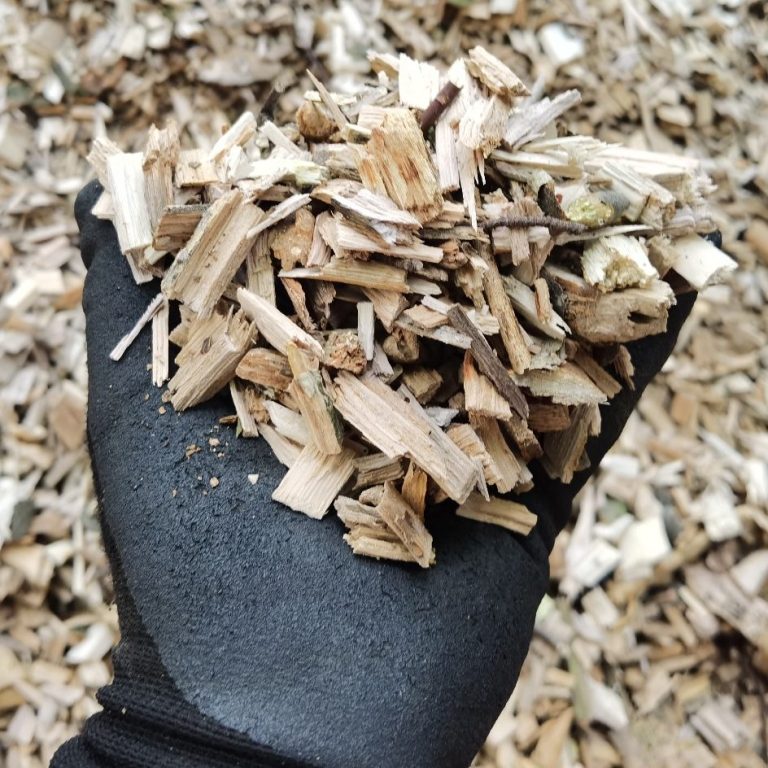 Nadelholzhackschnitzel in einer Hand am Lagerplatz
