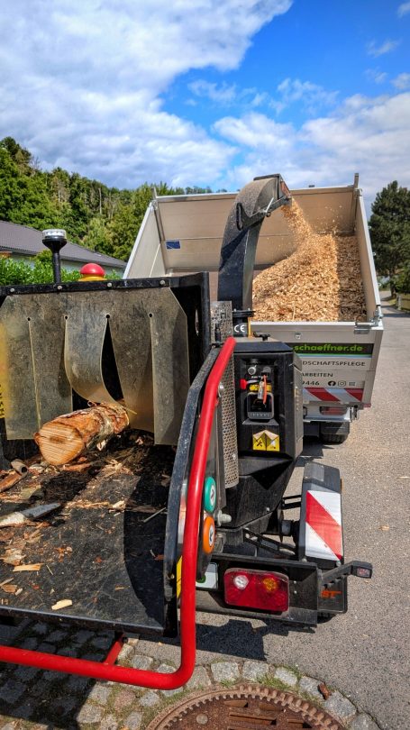 Häckslern von Stammholz zu Hackschnitzel für Tiereinstreu