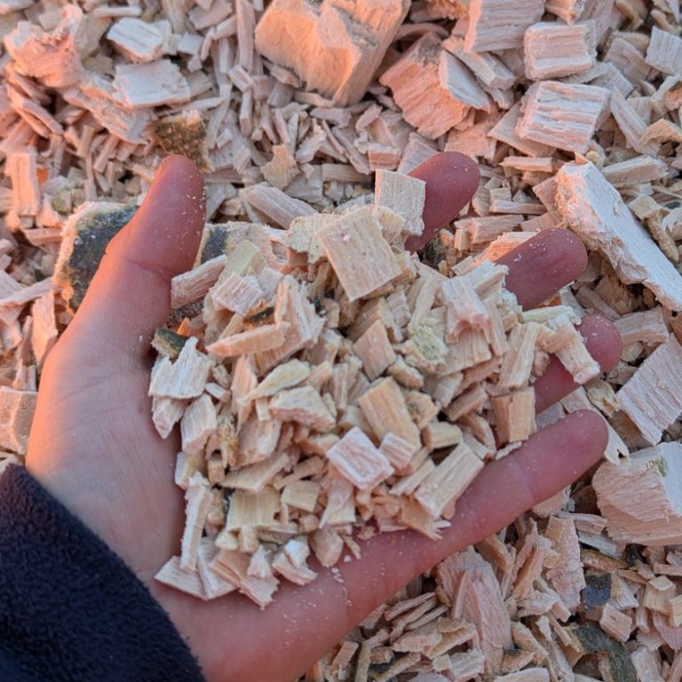 Hartholzhackschnitzel vom Hackschnitzelhaufen vom Lagerplatz 