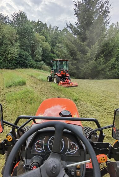 Mulchmahd mit Kleintraktor von Wiesen und Feldrand