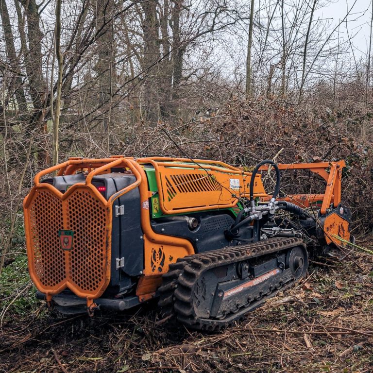 Mulcharbeiten von Gestrüpp mit ferngesteuerter Mähraupe neben einer Photovoltaik-Freiflächenanlage